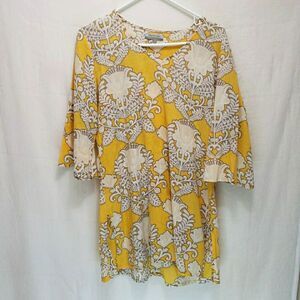 World Market Yellow Floral Tunic Top S/M Damask Block Print Sheer Cotton